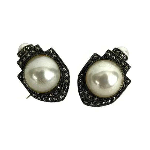 VTG Judith Jack Sterling Silver Faux Pearl Marcasite Earrings JJ Signed 19 Grams - Picture 1 of 16